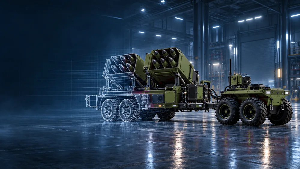 Візуалізація INTERCEPTOR-12: функціональне обладнання на причіпній платформі у виробничому цеху.